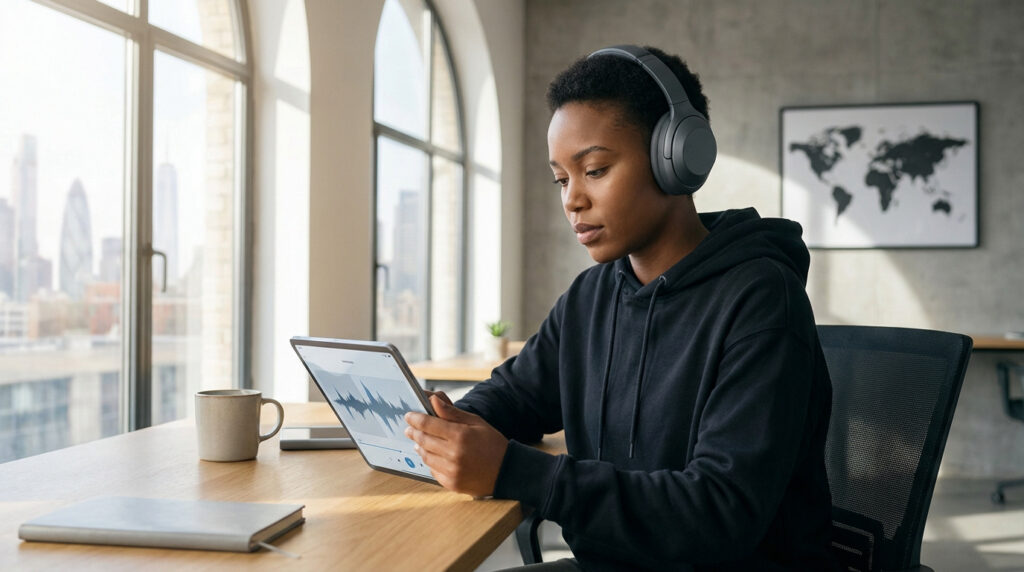 Jeune femme écoutant un podcast pour apprendre l'anglais avec un casque audio et une tablette dans un bureau lumineux.