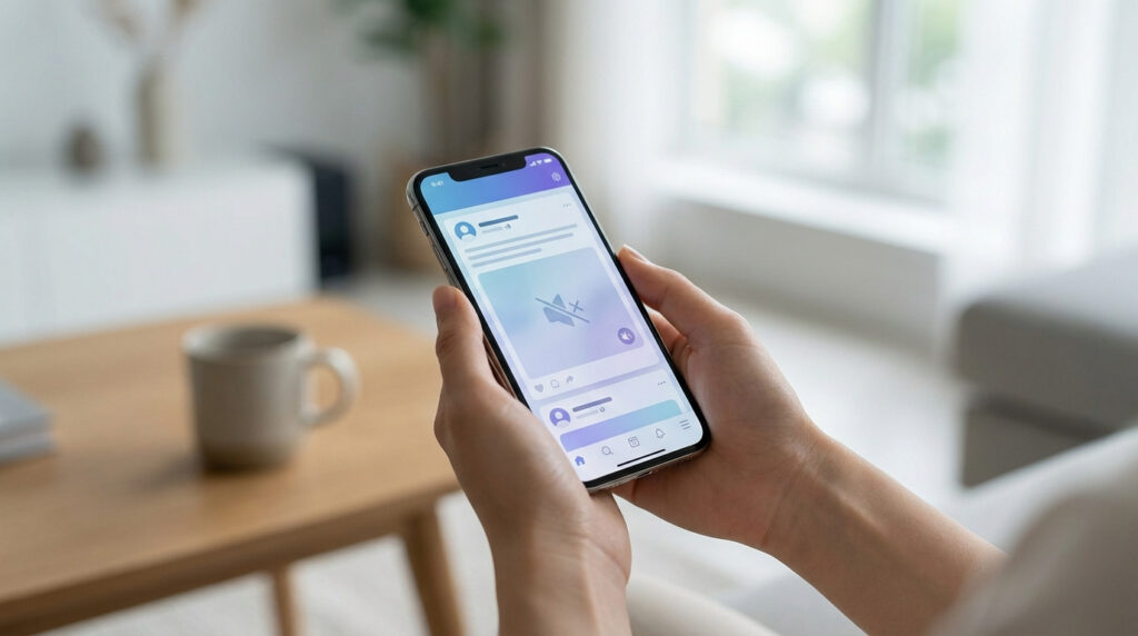 Deux mains tiennent un smartphone affichant une interface de réseau social avec une icône de sourdine au centre.