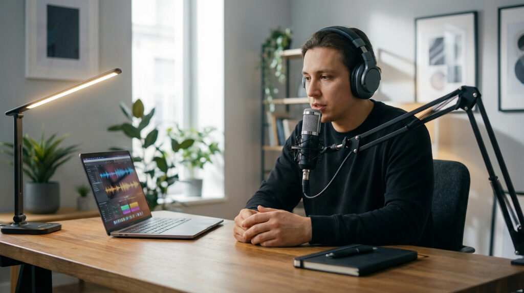 Un homme avec casque et micro devant un laptop affichant des ondes audio, créant un podcast dans un studio maison.