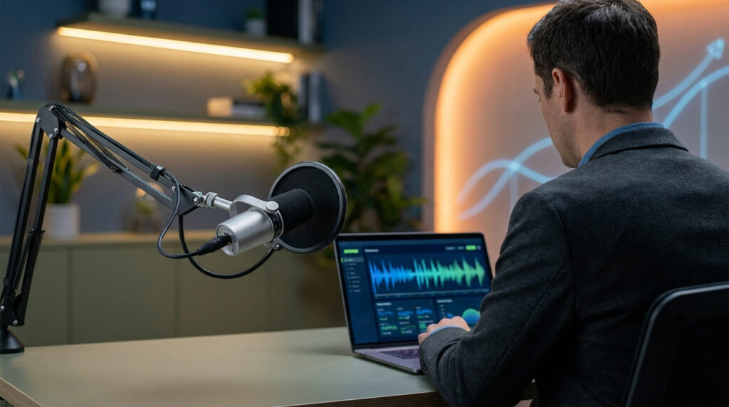 Homme de dos enregistrant un podcast avec un microphone professionnel et un ordinateur portable affichant des ondes audio.