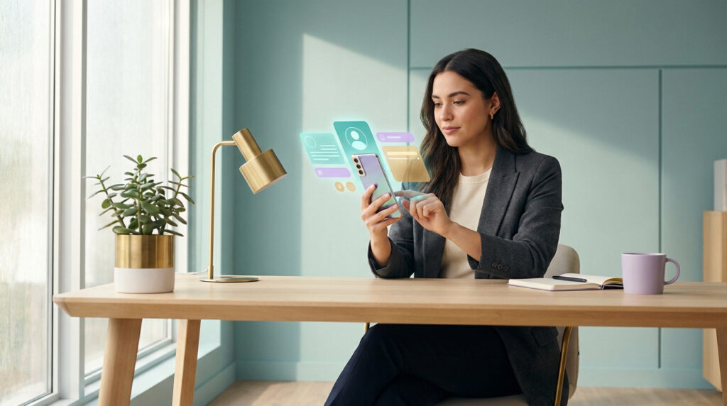 Femme créant une bio Instagram sur son smartphone. Des éléments d'interface utilisateur holographiques flottent autour de l'appareil.