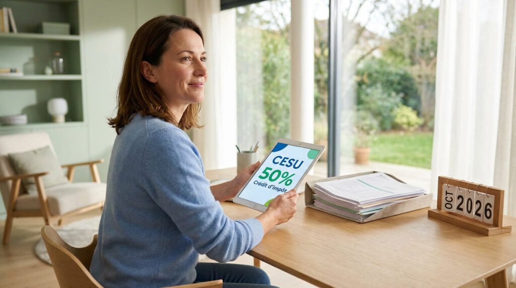 Une femme souriante tient une tablette affichant 'CESU 50% Crédit d'Impôt'. Un calendrier indique 'OCT 2026' sur le bureau.