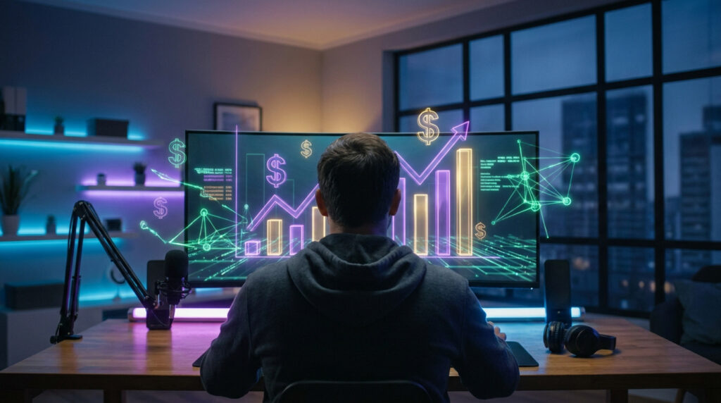 Vue de dos d'un streamer analysant des données de monétisation Twitch sur un grand écran courbé avec des graphiques de croissance et des symboles dollar, dans une pièce éclairée au néon.