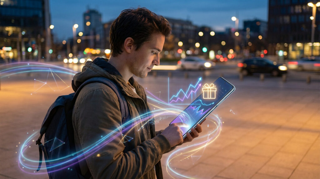 Jeune homme consultant son smartphone affichant des graphiques de croissance et un cadeau, symbolisant les revenus numériques.