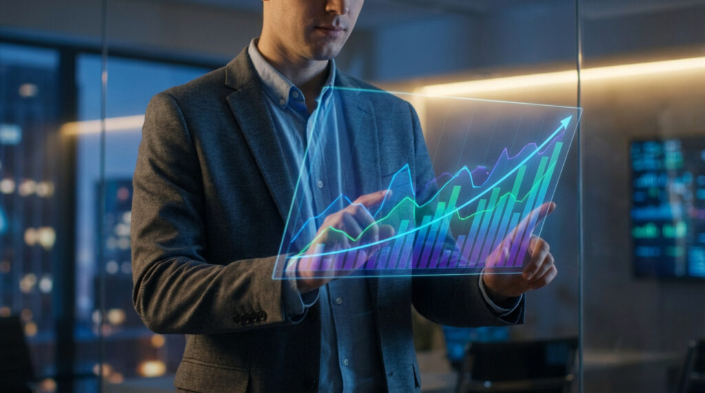Homme d'affaires interactif avec un graphique de croissance holographique montrant des barres et lignes ascendantes dans un bureau moderne.