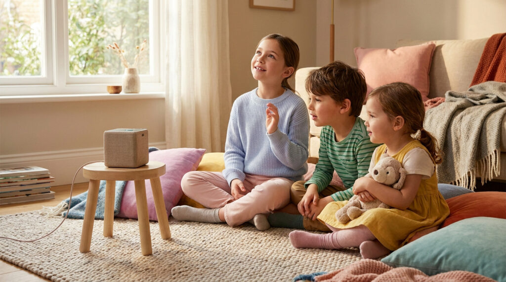 Trois enfants écoutent un podcast avec concentration sur un haut-parleur dans un salon. Ils stimulent leur imagination sans écran.