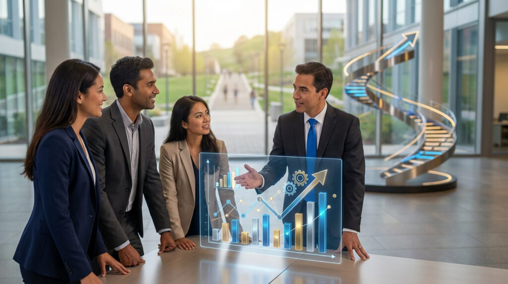 Quatre professionnels discutent d'un graphique holographique de croissance. Un homme pointe les données, entouré d'une équipe diverse dans un bureau moderne.