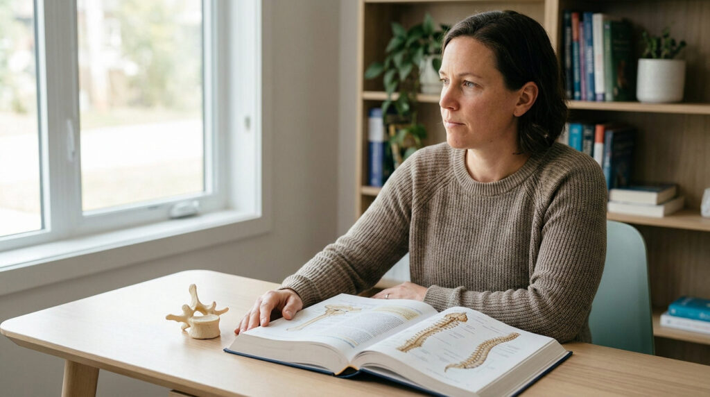 Femme en pull beige, étudiant un livre d'anatomie ouvert avec un modèle de vertèbre sur un bureau en bois, près d'une fenêtre.