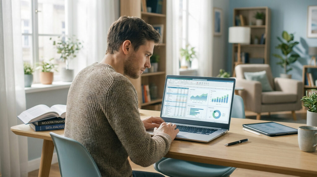 Un homme étudie sur un ordinateur portable affichant des graphiques. Des livres de finance sont posés sur un bureau en bois.