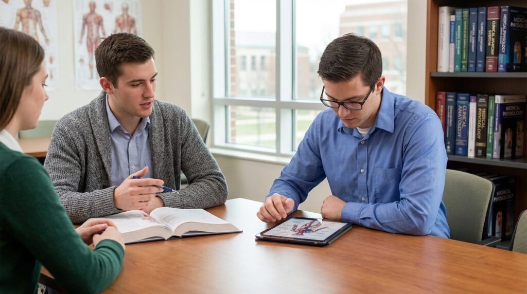 Trois étudiants de kinésithérapie révisent l'anatomie et la physiologie avec livre et tablette dans une bibliothèque.