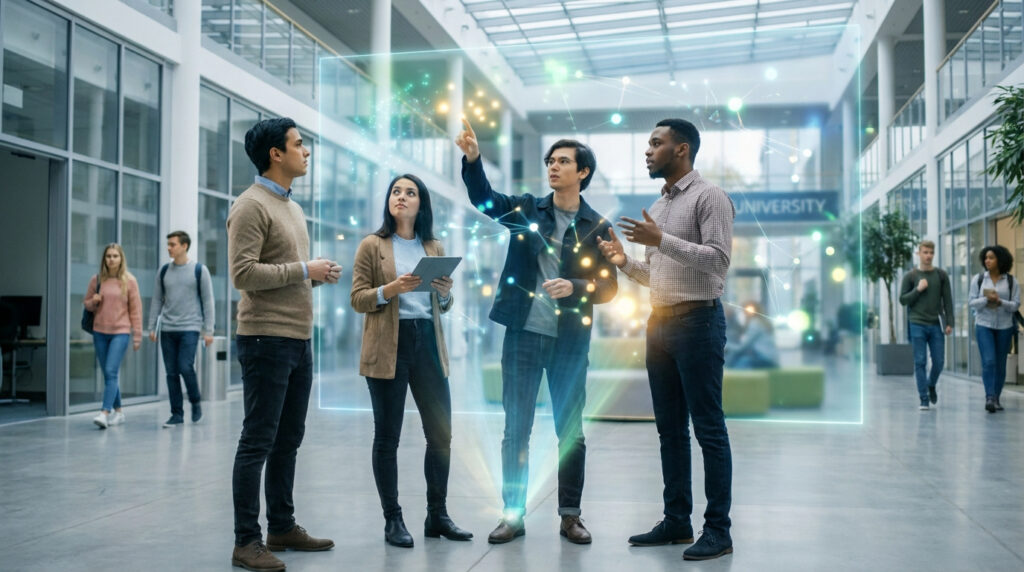 Quatre étudiants divers interagissent avec une projection holographique dans un campus moderne. Ils explorent l'avenir de la communication.