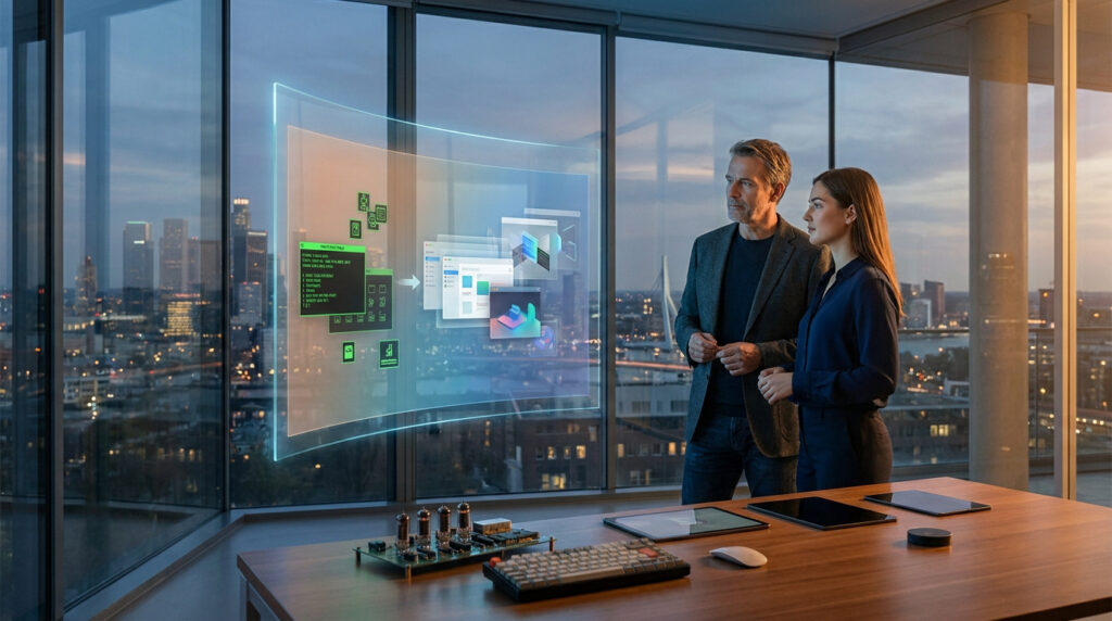 Un homme et une femme observant une interface holographique futuriste dans un bureau moderne, avec une vue sur une ville nocturne.