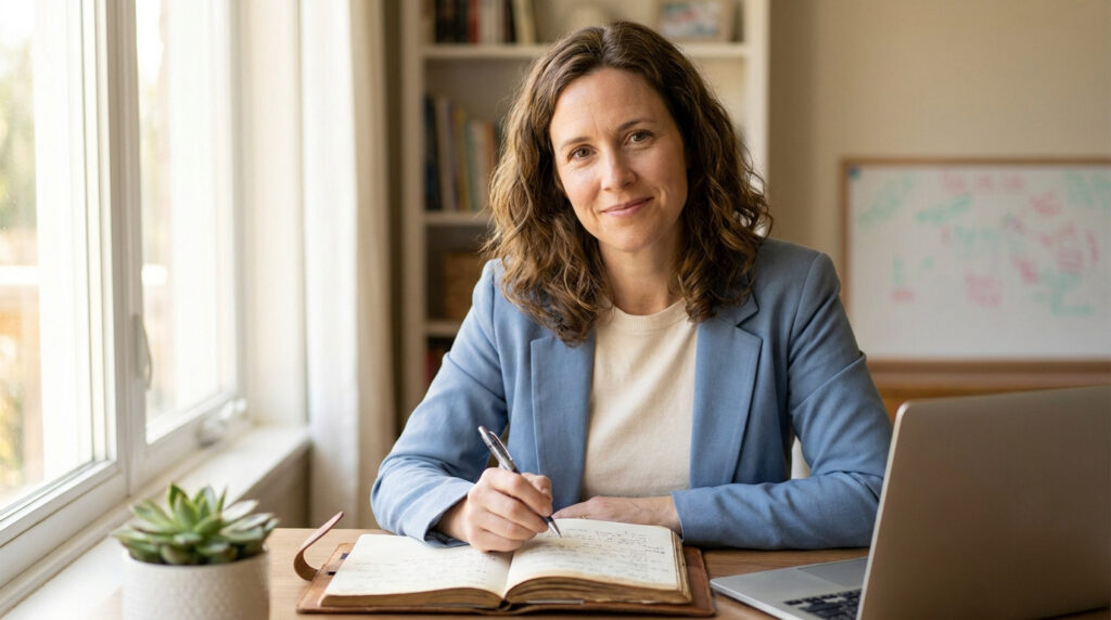 Femme souriante, environ 40 ans, écrit dans un carnet sur son bureau, prête pour sa reconversion en institutrice.