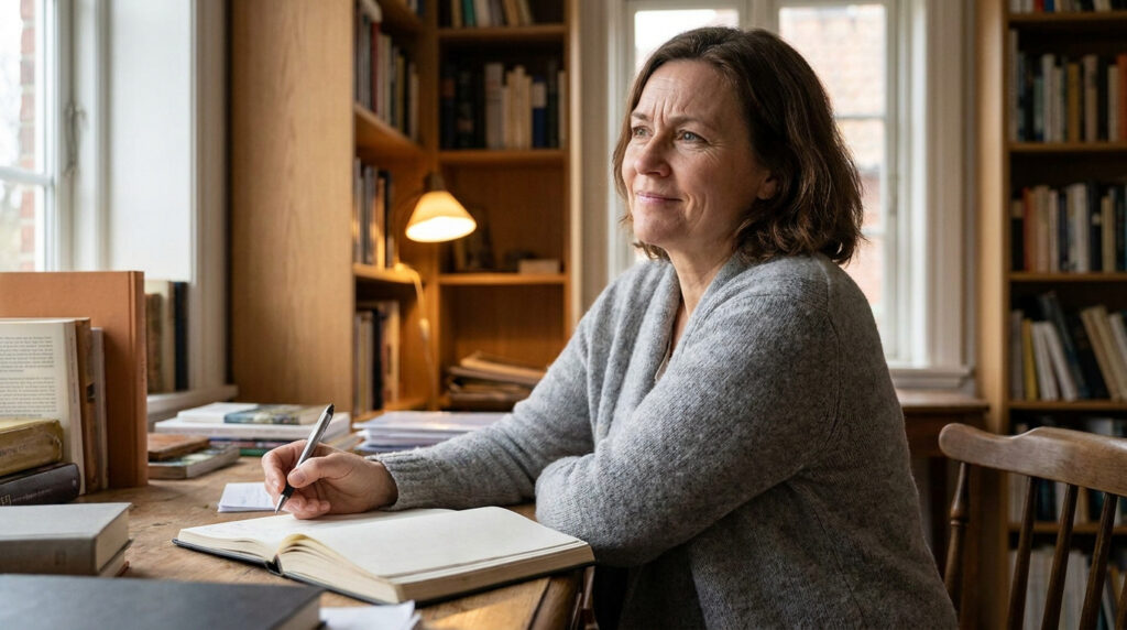 Femme d'âge mûr, souriante, écrit dans un cahier à un bureau en bois. Livres et étagères remplies en arrière-plan, lumière naturelle.