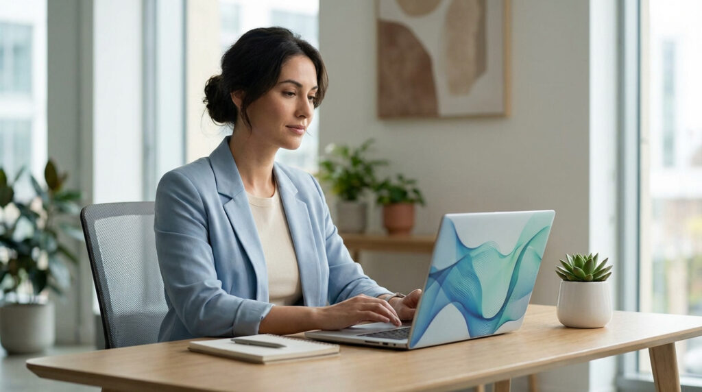 Une femme sophrologue travaille avec concentration sur son ordinateur portable dans un bureau moderne et lumineux, gérant son activité.