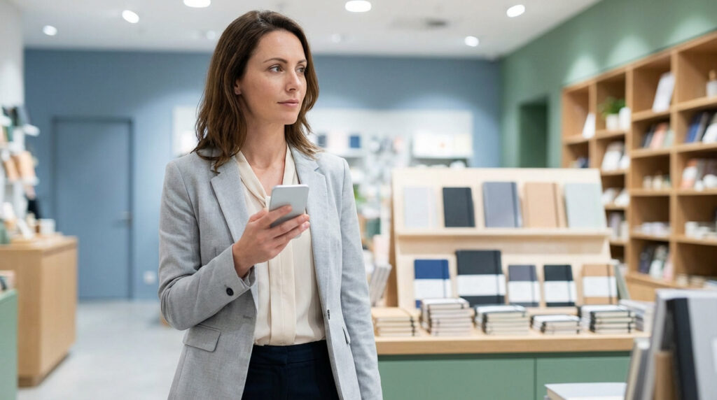 Une femme professionnelle tenant un smartphone observe attentivement dans un magasin moderne avec des étagères de produits.