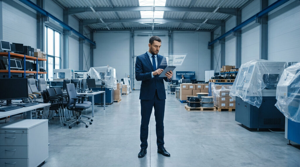 Homme d'affaires en costume utilise une tablette avec hologramme dans un entrepôt. Inventaire de liquidation d'entreprise.