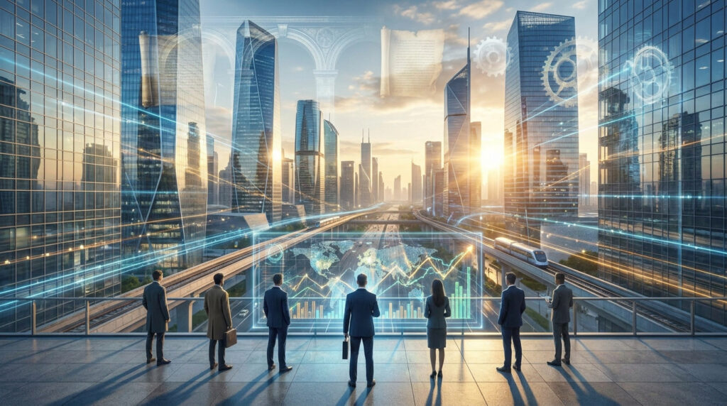 Huit professionnels regardent une ville moderne sous des superpositions numériques de données, patrimoine et innovation au lever/coucher du soleil.