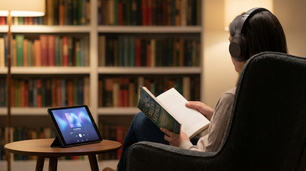 Une personne lit "Silent Spring" avec un casque audio, une tablette affichant une application musicale/podcast à côté, devant une bibliothèque.