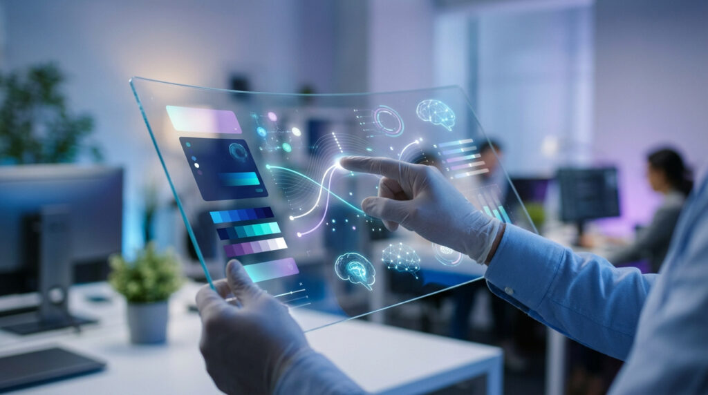 Main gantée interagissant avec une interface numérique futuriste sur un écran transparent dans un bureau moderne.