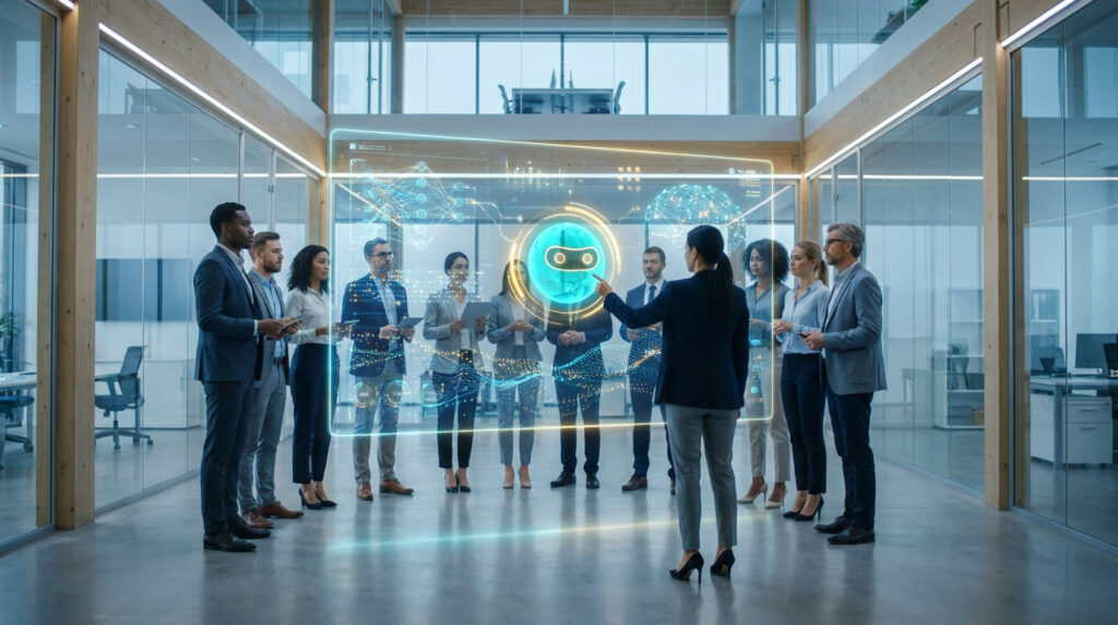 Un groupe de professionnels en réunion observe une interface holographique d'IA avec un robot au centre.