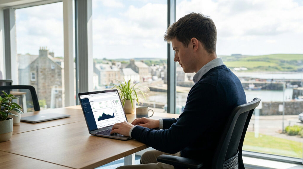 Jeune homme travaille sur son laptop affichant des tableaux de bord d'analyse web, avec vue sur un port et une ville côtière.