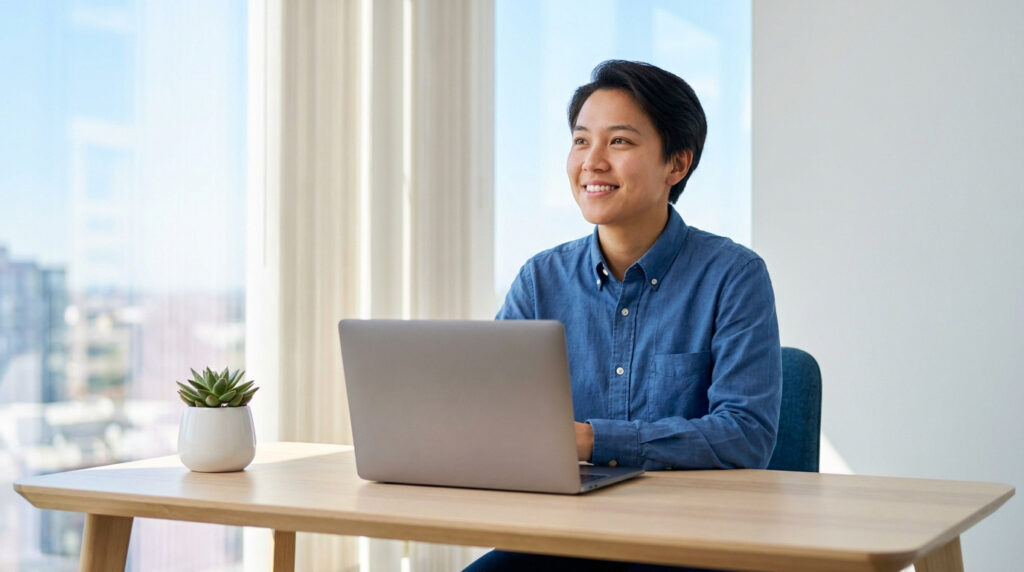 Personne d'origine asiatique souriante, assise à un bureau devant un ordinateur portable, avec une plante et une vue.