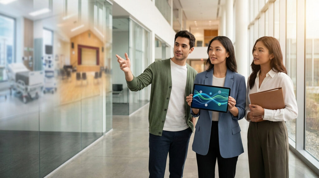 Trois jeunes adultes regardent des images floues de métiers (hôpital, salle de spectacle) derrière une vitre. L'un pointe, une autre tient une tablette avec des icônes.