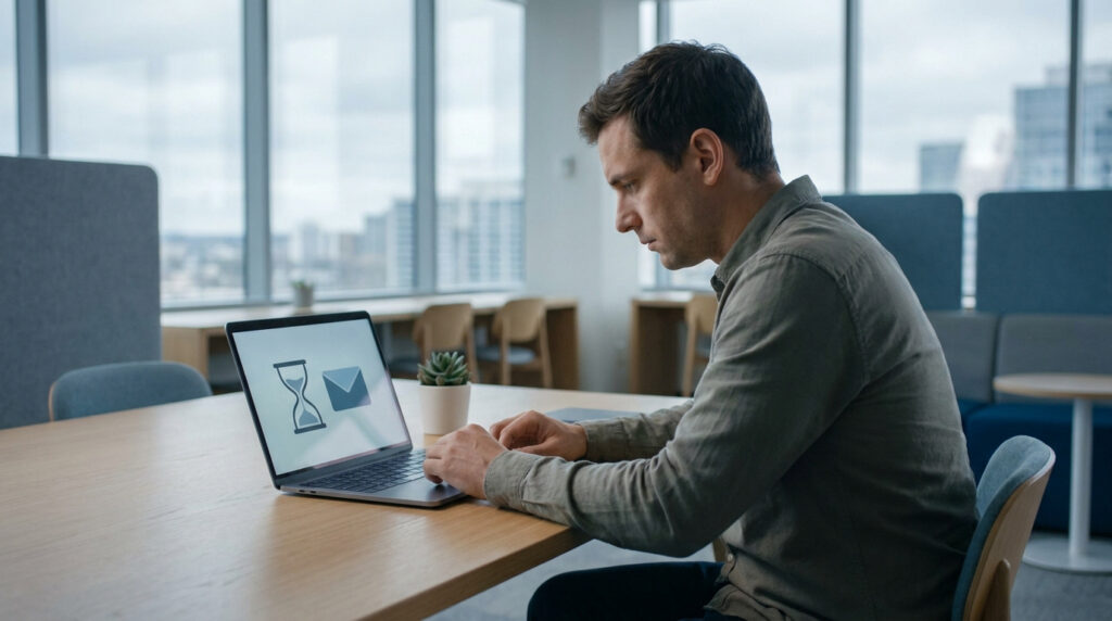 Un homme dans un bureau moderne fixe son laptop affichant des icônes de sablier et d'enveloppe, en attente de réponse.