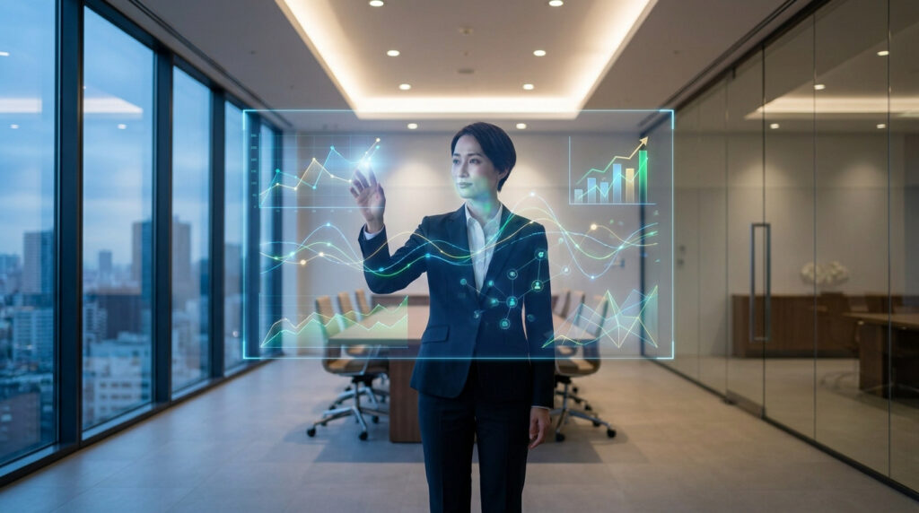 Femme en costume manipulant un écran holographique de données graphiques dans un bureau moderne avec vue sur la ville.