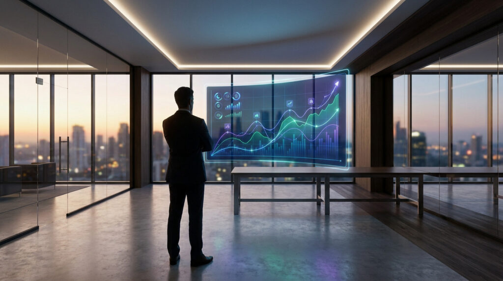 Un cadre observe des données marketing futuristes sur un écran transparent, devant un panorama urbain au lever/coucher du soleil.