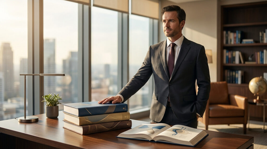 Homme d'affaires en costume posant la main sur des livres sur un bureau. Fenêtre avec gratte-ciel, bibliothèque et fauteuil en arrière-plan.