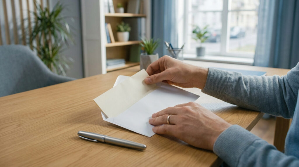 Mains insérant une lettre dans une enveloppe sur un bureau en bois, avec un stylo et un arrière-plan de bureau flou.