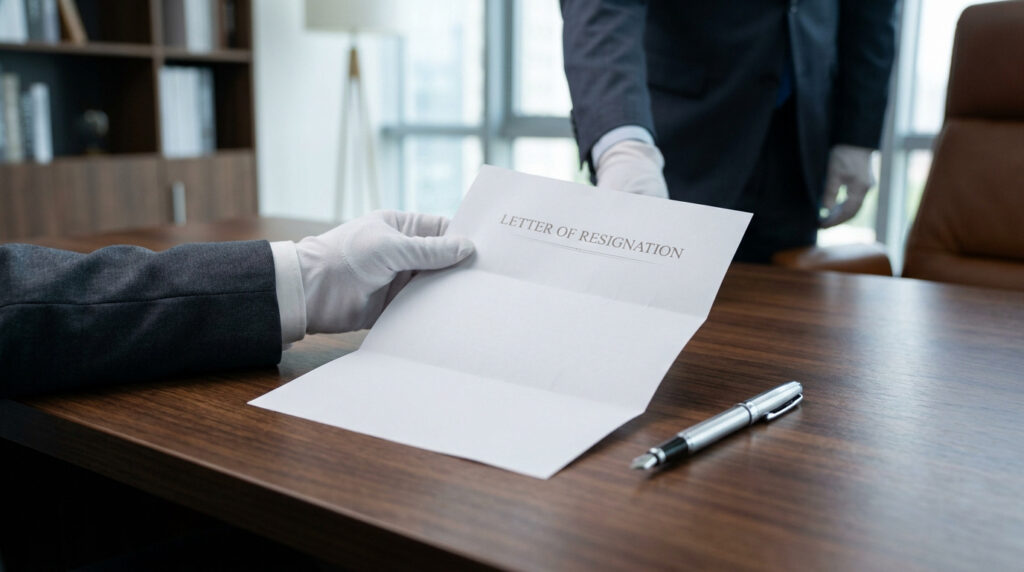 Deux paires de mains gantées tenant une "Letter of Resignation" sur un bureau en bois, avec un stylo. Évoque la démission.