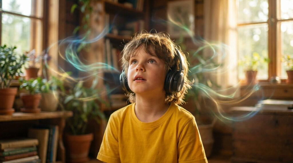 Un enfant aux cheveux bouclés écoute un podcast avec un casque. Des volutes lumineuses symbolisent l'imagination débordante.