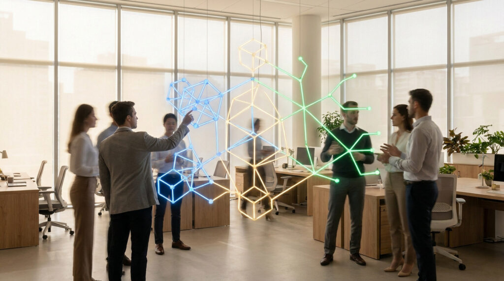 Groupe de collègues dans un bureau moderne interagissant avec des modèles 3D lumineux symbolisant la structure organisationnelle.