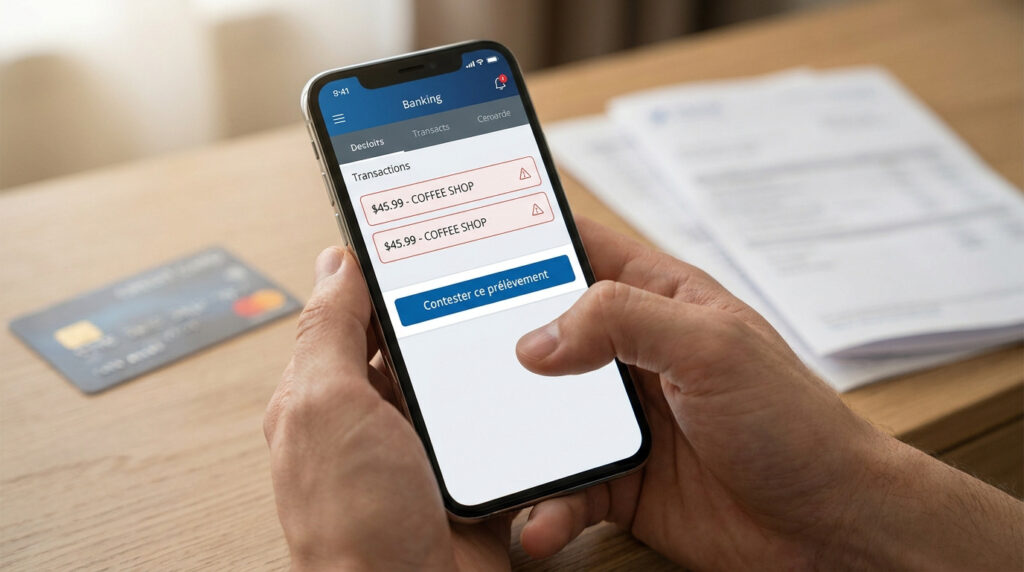 Mains tenant un smartphone avec une appli bancaire. L'écran montre deux prélèvements identiques de 45,99 $ et le bouton 'Contester ce prélèvement'.