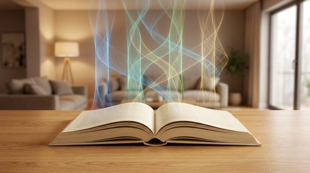 Livre ouvert sur une table en bois, des flux lumineux bleus, verts et jaunes s'en échappent. Arrière-plan flou d'un salon.