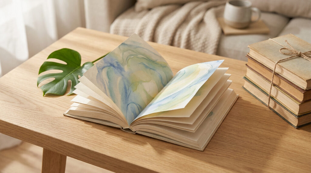 Livre ouvert aux pages d'aquarelles bleues et vertes, une feuille de Monstera et une pile de vieux livres sur table en bois.