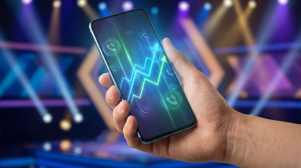 Main tenant un smartphone affichant un graphique de croissance et des icônes d'appel, sur fond de plateau TV lumineux.