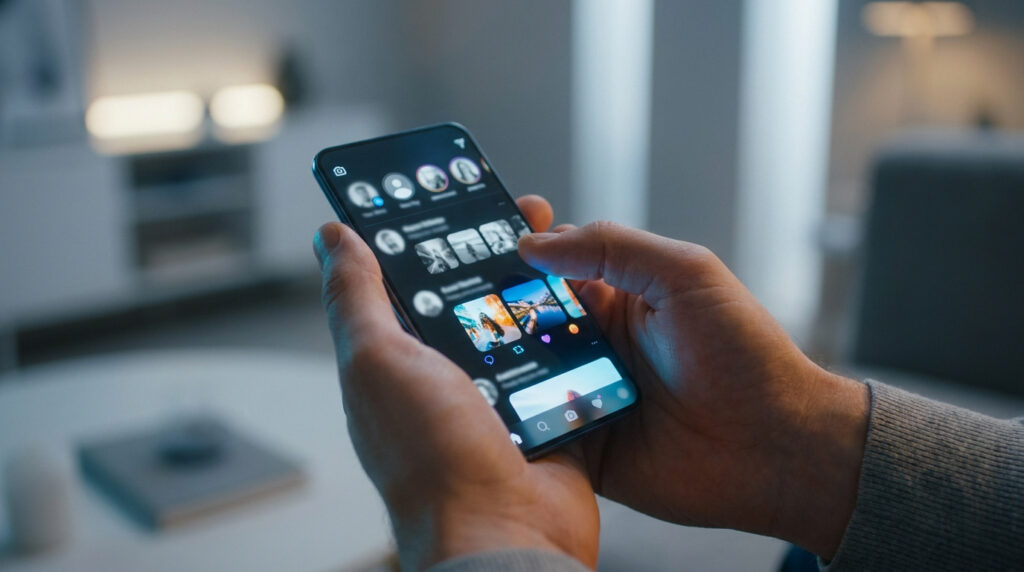 Mains tenant un smartphone affichant l'application Instagram en mode sombre, avec des stories et publications. Un doigt touche l'écran.