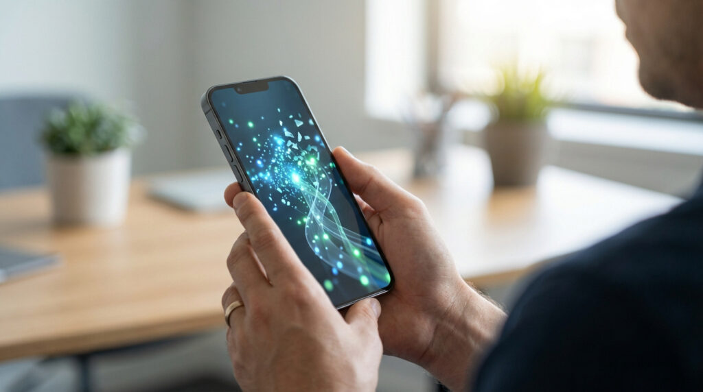 Mains d'un homme tenant un smartphone. L'écran affiche un motif numérique abstrait bleu-vert, symbolisant données ou technologie. Arrière-plan de bureau flou.