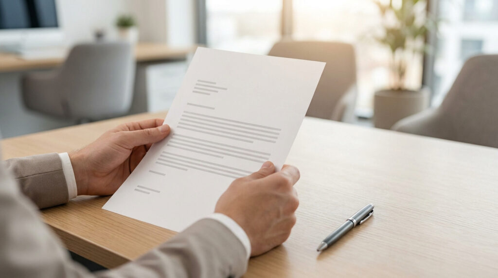 Mains tenant une lettre sur un bureau en bois clair. Un stylo est posé à côté, dans un cadre de bureau moderne et lumineux.