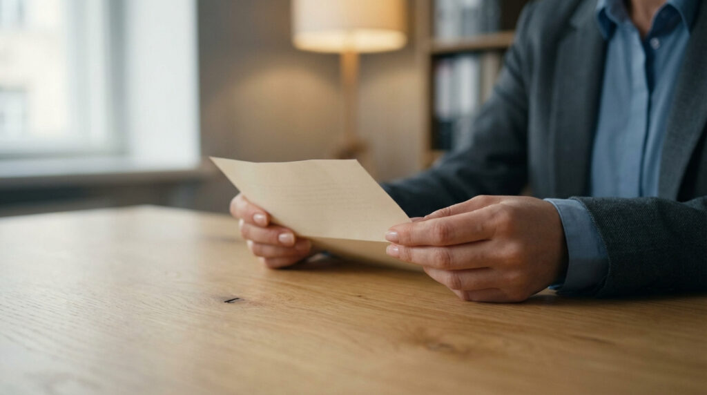 Mains d'une personne en veste lisant une lettre beige sur un bureau en bois clair. Fenêtre et lampe floues en arrière-plan.