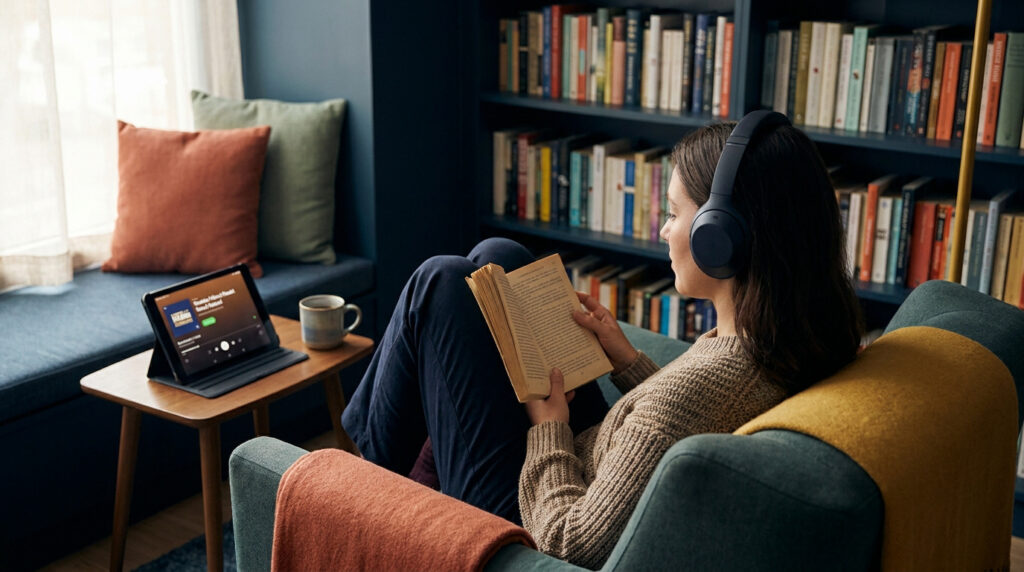 Une personne lit un livre et écoute un podcast au casque dans un fauteuil, près d'une tablette et d'une bibliothèque.