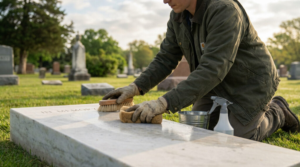 Homme ganté nettoyant une tombe en marbre avec brosse et éponge dans un cimetière verdoyant.