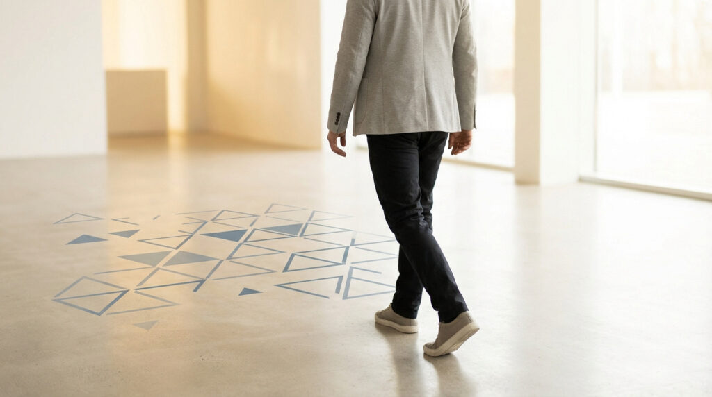 Une personne vue de dos s'éloigne d'un motif complexe de triangles sur un sol clair, marchant vers la lumière.
