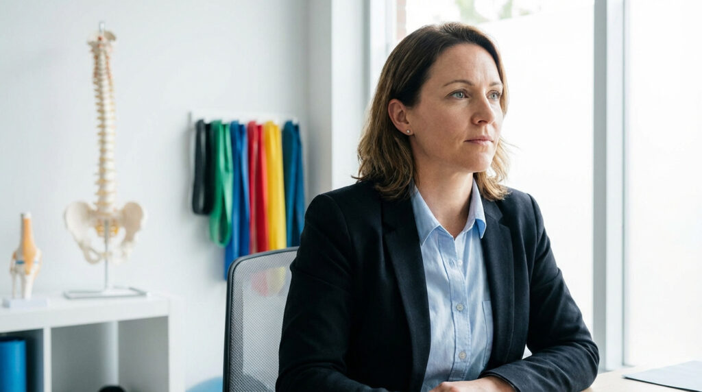 Femme en blazer et chemise assise dans un cabinet de kiné. Modèle de colonne vertébrale et bandes de résistance en arrière-plan.