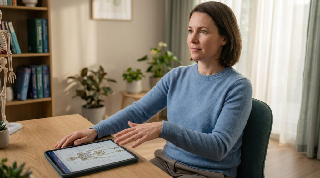 Femme en pull bleu, regardant au loin, avec une tablette affichant un squelette anatomique et un modèle de squelette sur une étagère.