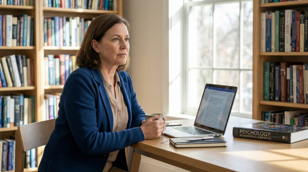 Femme mature étudiant la psychologie devant un ordinateur et un manuel, dans un bureau rempli de livres, esprit concentré.